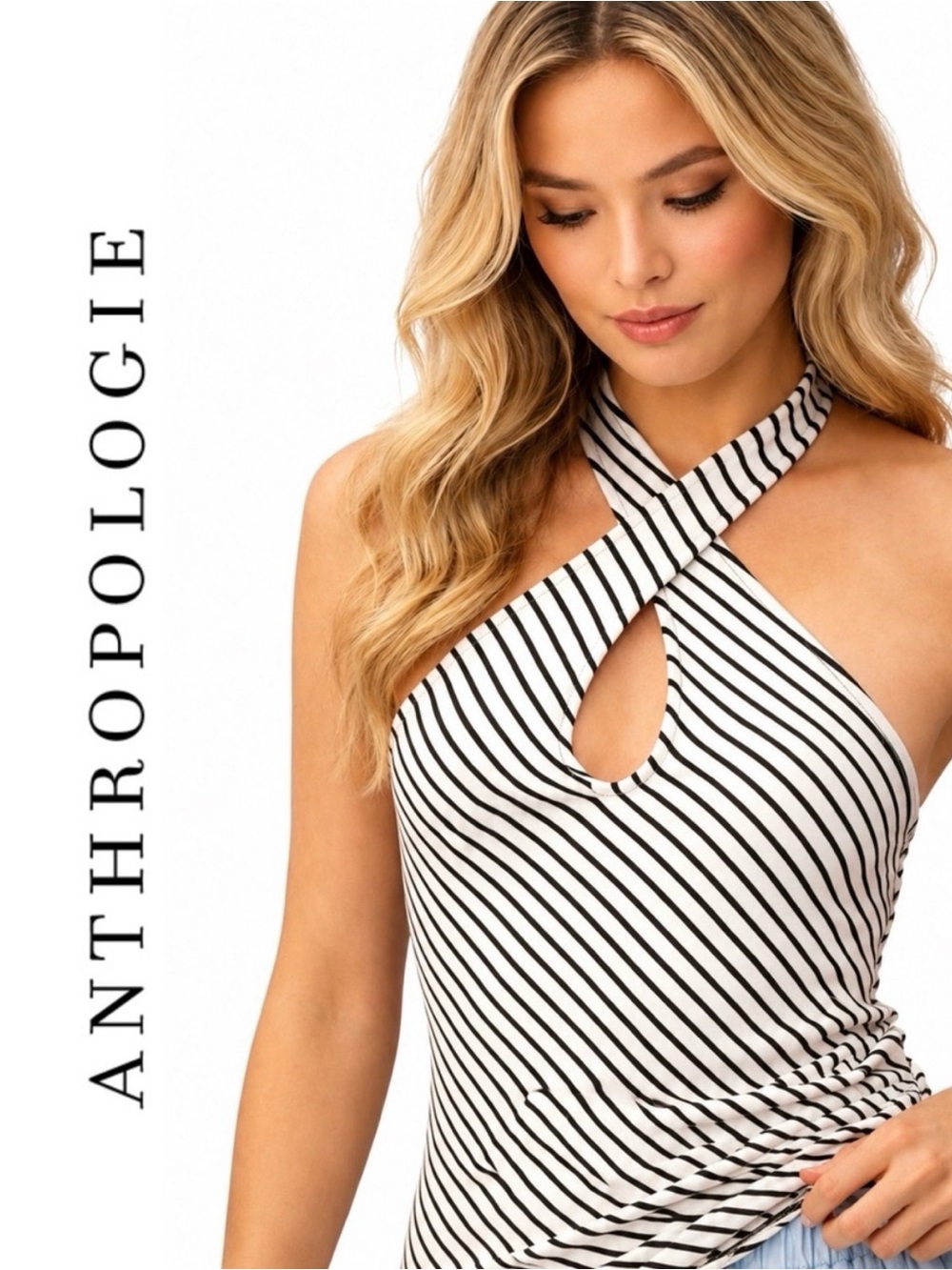 NWT Maeve Striped Criss crossed Halter Keyhole Tank Top in Black & White stripe